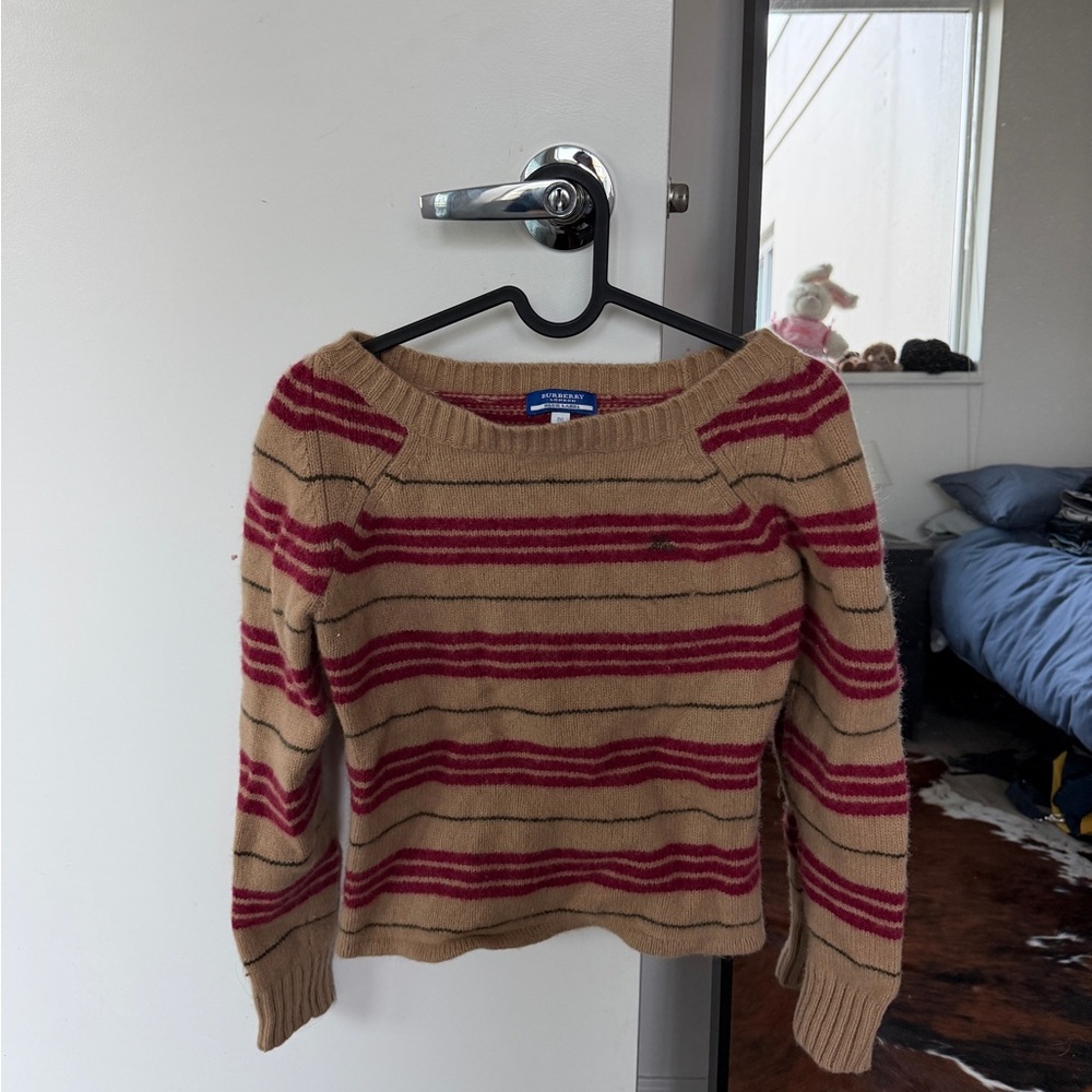 Burberry Camel and Burgundy Striped Crewneck Sweater